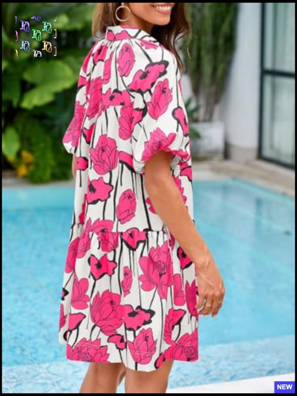 Floral Button Down Shirt Dress Puff Sleeve Casual Loose Fit Mini Summer Boho - Picture 4 of 7